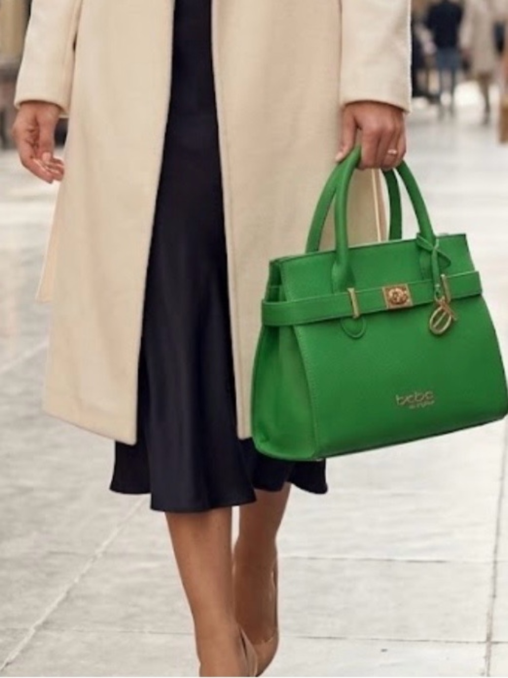 bebe Green Structured Satchel with Gold Hardware